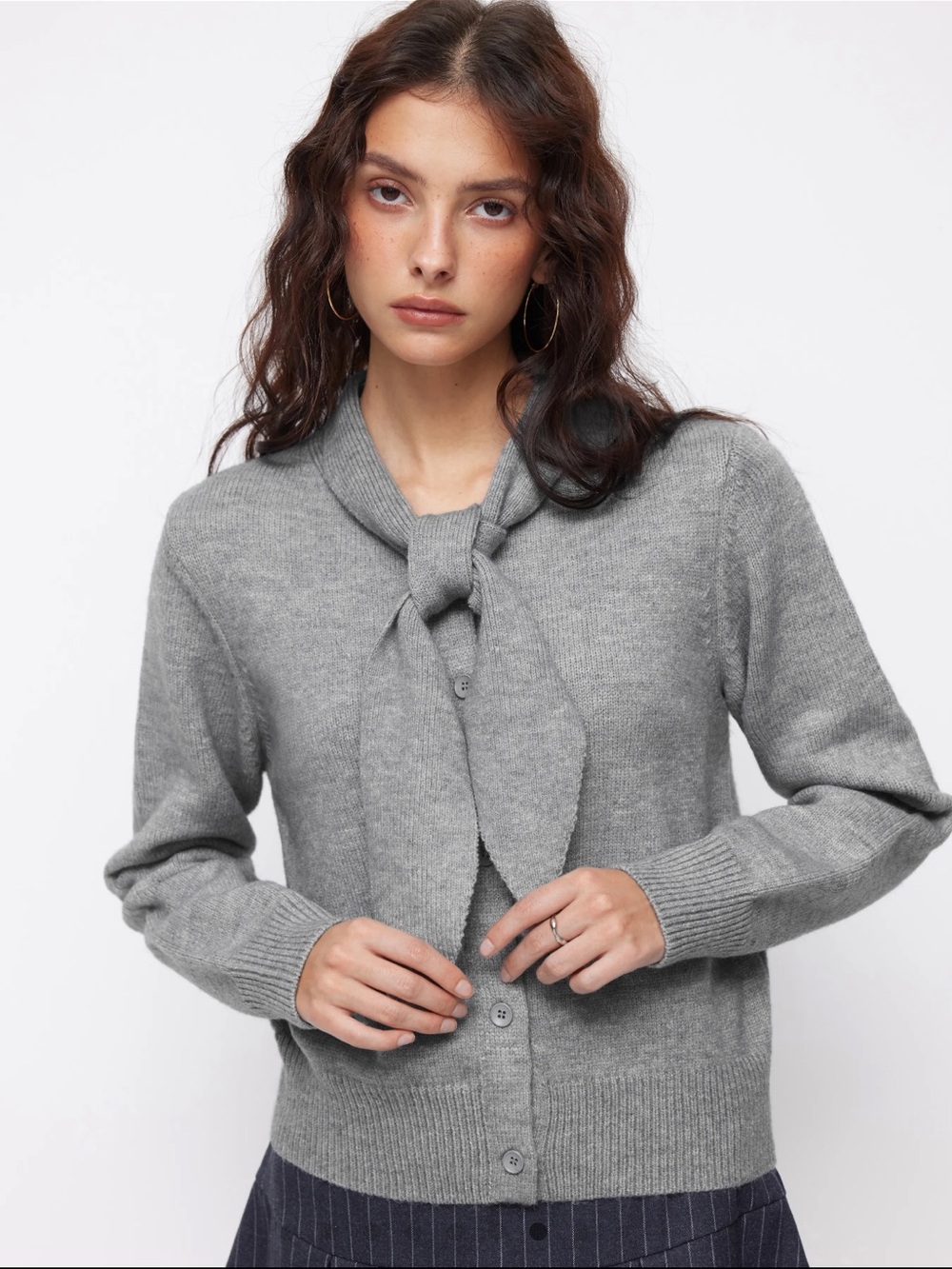 Cider Knit Tie-Neck Button Cardigan Sweater - Gray